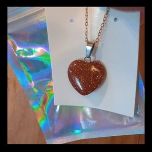♥️B 5 / $20 Elegant Brown & Gold Sparkle Heart Pendant Necklace 🤎